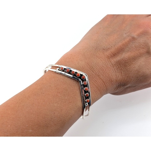 Zuni Sterling Silver & Coral Dots Chevron Cuff Bracelet Size 6.5 in. Jewelry **